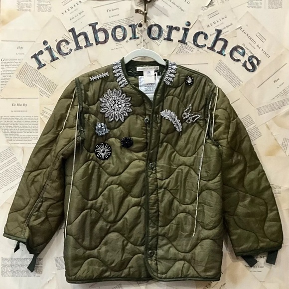 Free People X Tricia Fix Broached Liner Jacket Upcycled Reworked Olive - Picture 5 of 8